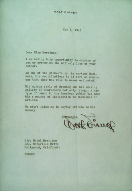 Carta de condolencia de Walt Disney a Mabel Herrimann. El original se custodia en el museo del cómic de Baltimore